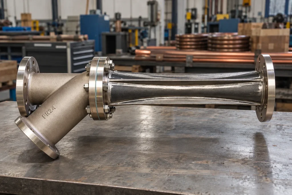 Fluid jet eductor with a flanged inlet branch on a workshop bench