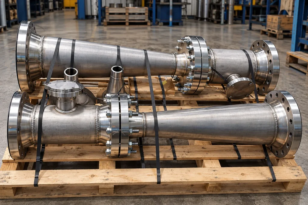 Two large stainless steel fluid jet eductors strapped to a wooden pallet
